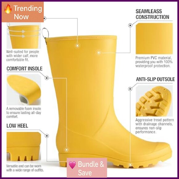 Women's Wide Calf Rain Boots Waterproof PVC Outdoor Gardening Work Shoes - Picture 5 of 8